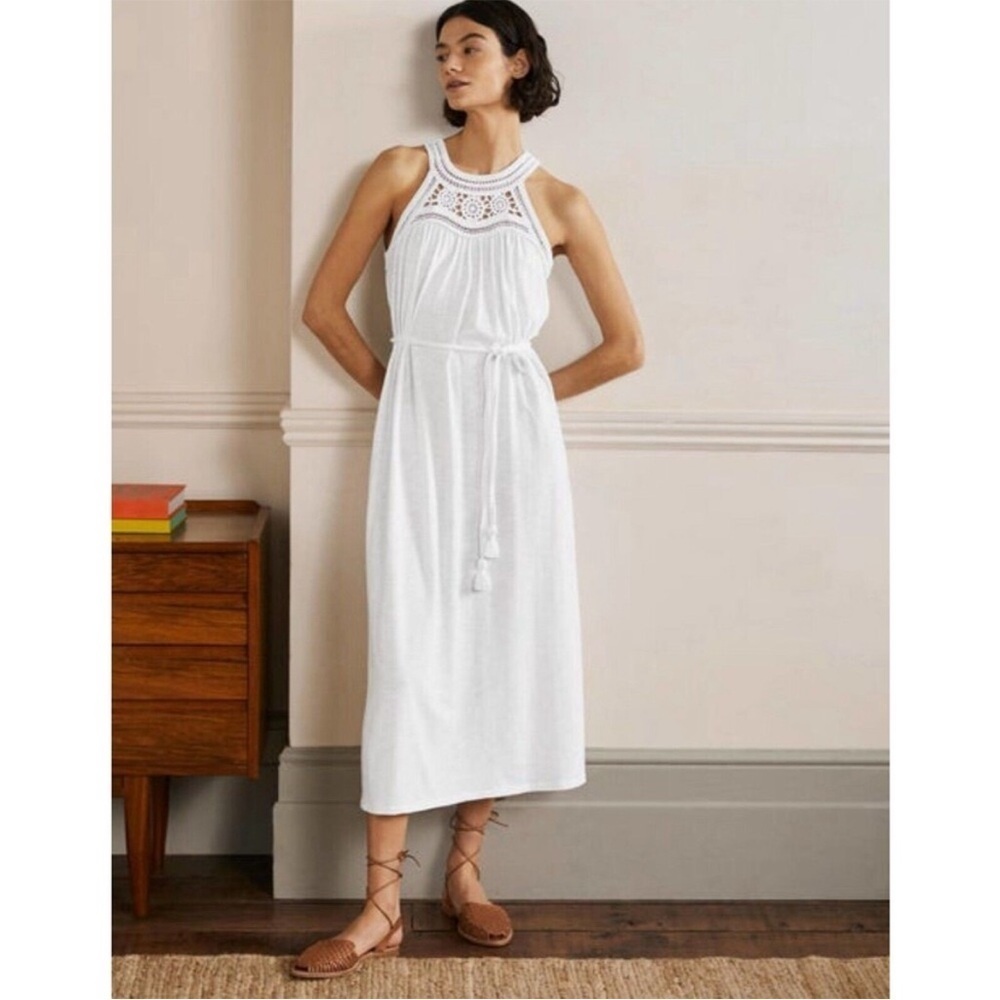 Boden Anais Jersey Midi Crochet Belted Dress in White 16/18